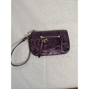 COACH Audrey Sequins Purple Small Front Pocket Wristlet Purse Wallet With Heart